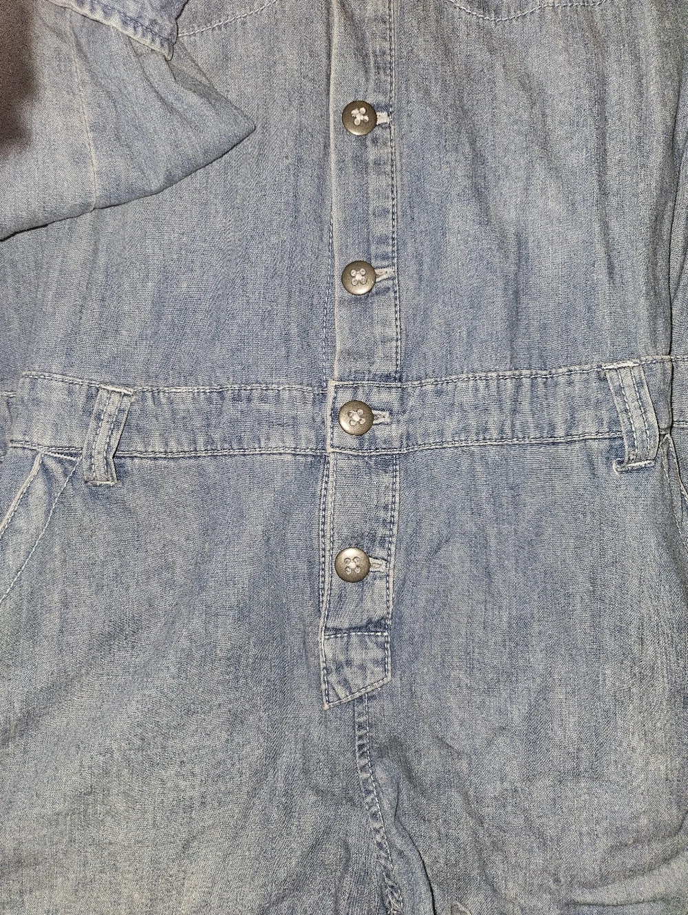 Free People Denim Button Front Romper Size Small Belt Loops Long Sleeve Chambray